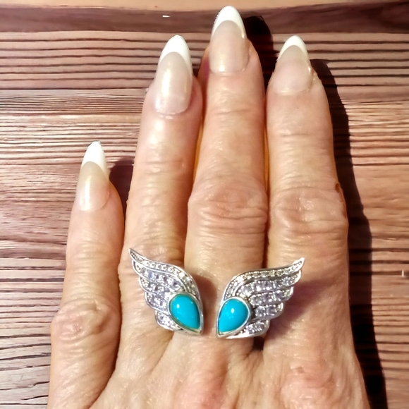 🔥Genuine Sleeping Beauty Turquoise & Tanzanite Sterling Silver Open Wing Ring - Picture 3 of 4